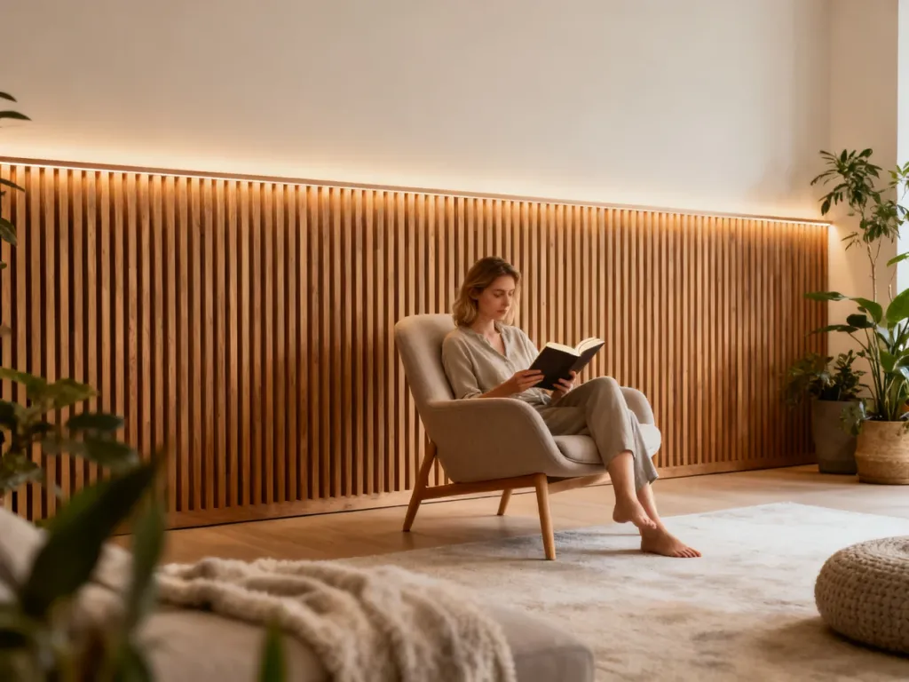 Nowoczesny salon z drewnianymi panelami akustycznymi na ścianie, przy których kobieta czyta książkę w przytulnym fotelu.