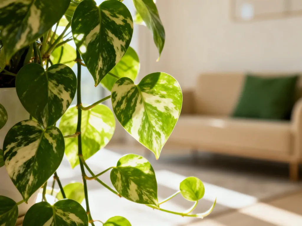 Zbliżenie na bujne liście Epipremnum 'Happy Leaf' o wyraźnym wybarwieniu w jasnym, nowoczesnym wnętrzu.