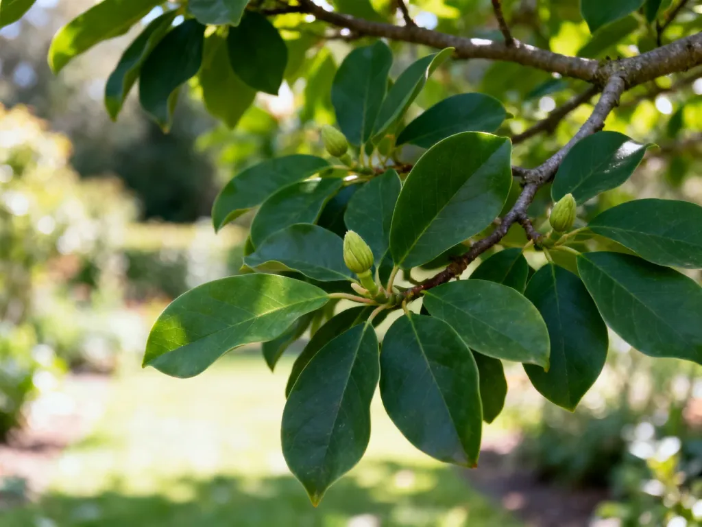 Gałąź magnolii z bujnymi, zielonymi liśćmi i zawiązującymi się owocami po okresie kwitnienia.