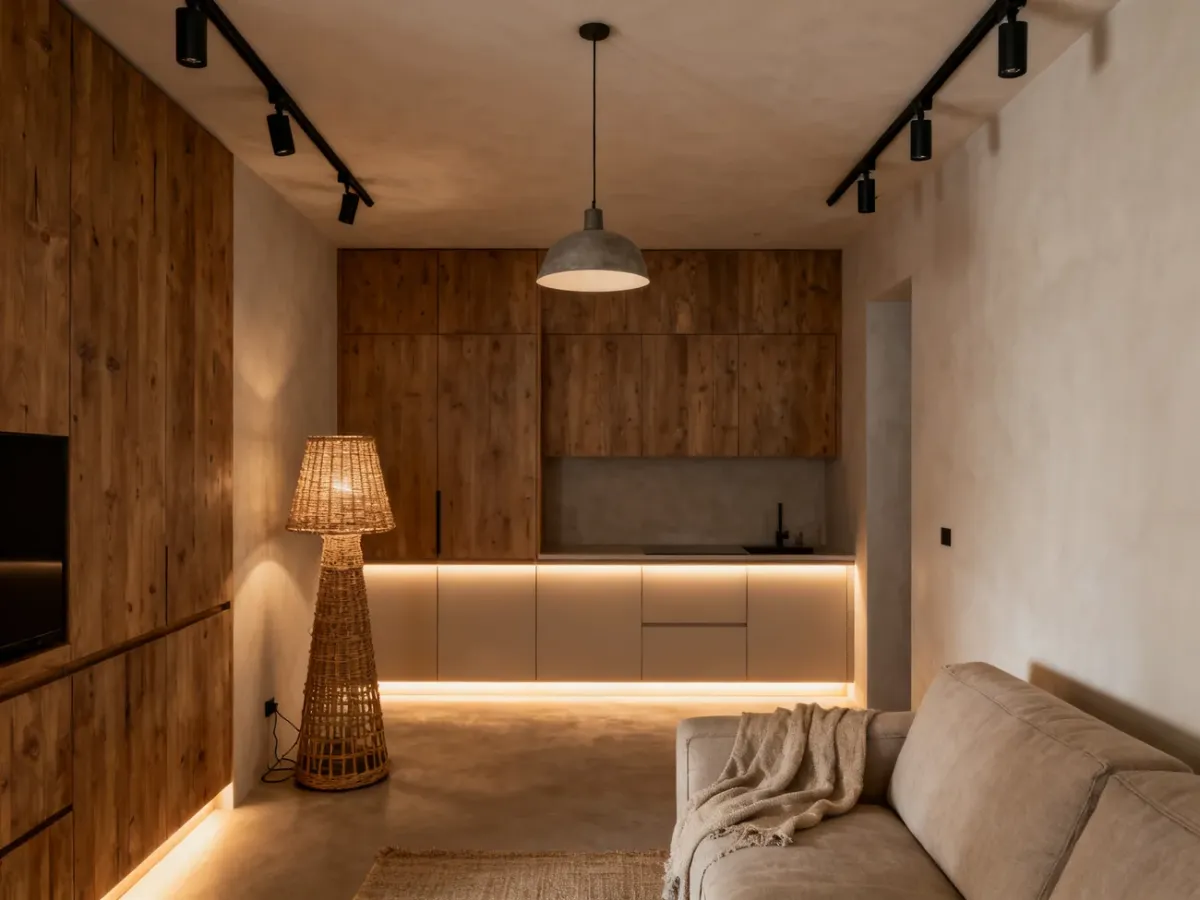 Stylowy salon z lampami dopasowanymi do różnych aranżacyjnych materiałów i form