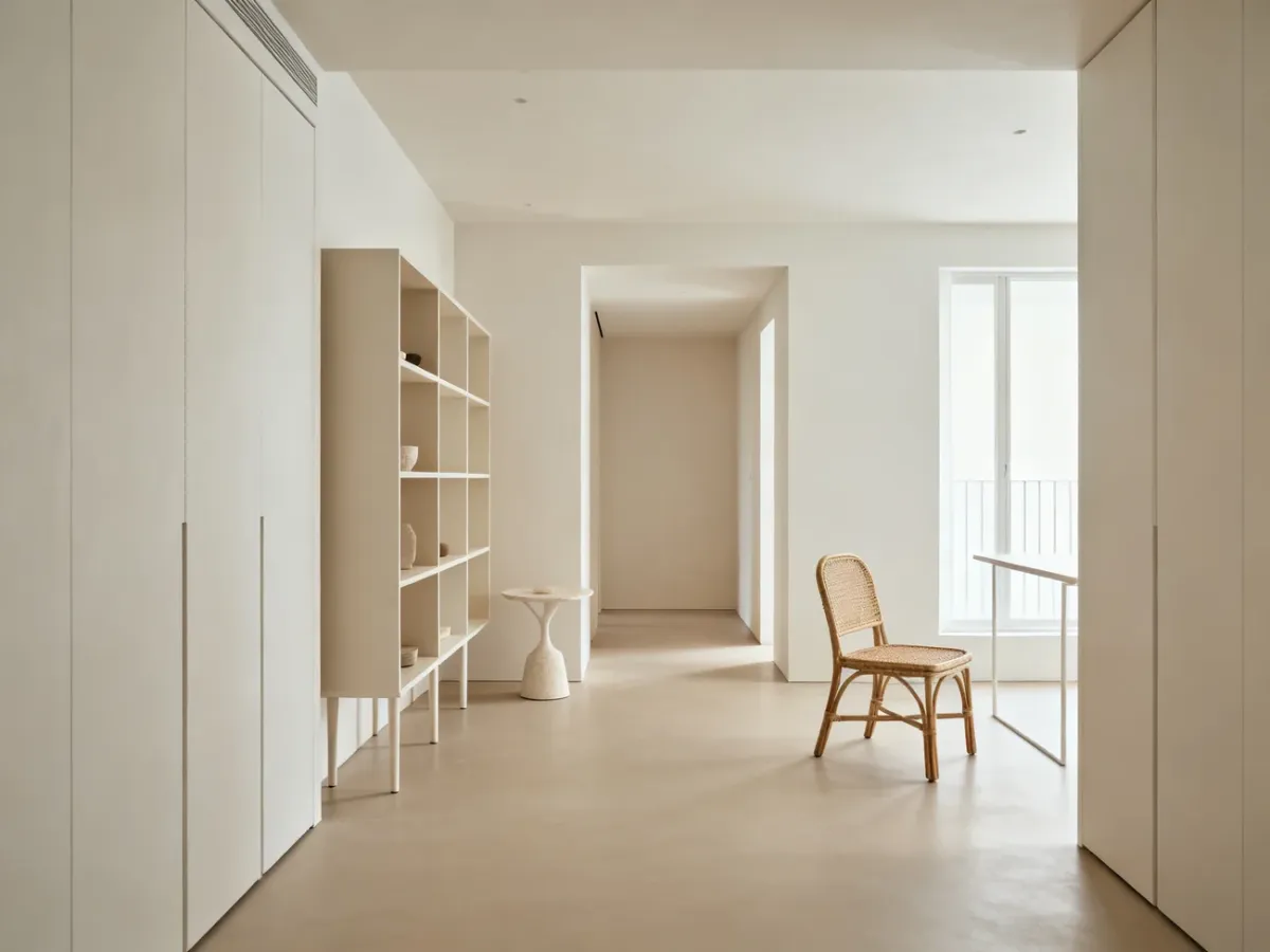 Minimalistyczny mały pokój z lekkimi meblami i wolną podłogą