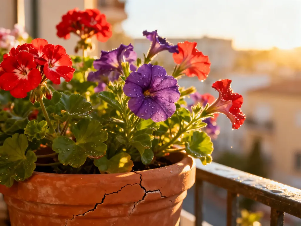 Kolorowe pelargonie i petunie w terakotowych donicach na słonecznym balkonie w ciepłym świetle popołudnia.