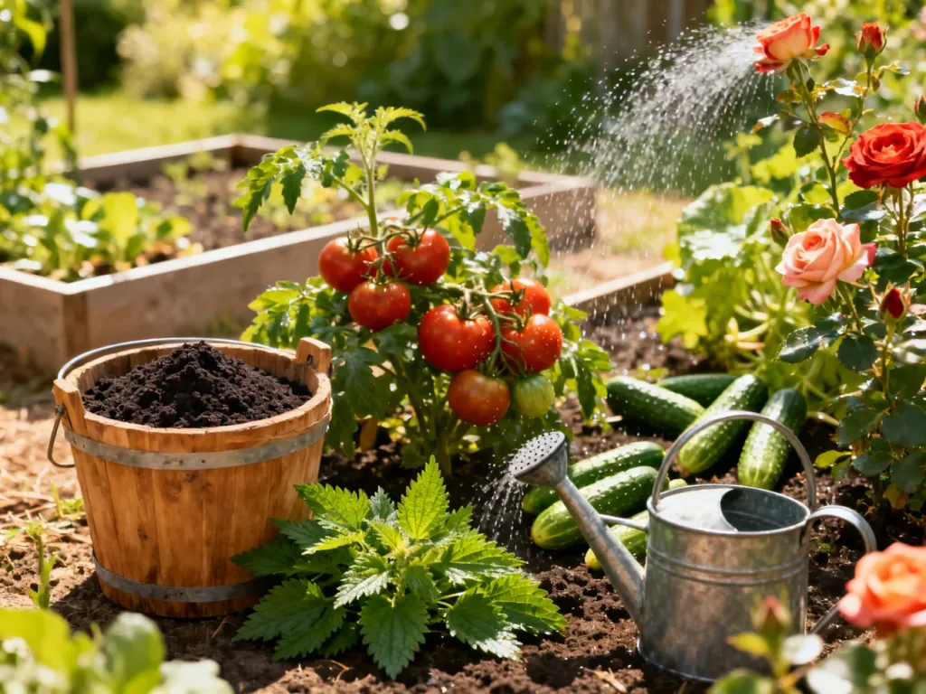 Drewniane wiadro z gnojówką z pokrzyw oraz konewka w ogrodzie warzywnym z pomidorami i ogórkami.