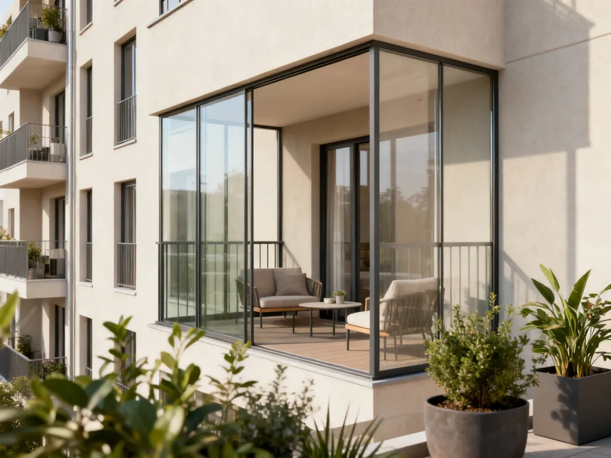 Osłonięty balkon w bloku z przesuwnymi panelami szklanymi i roślinami