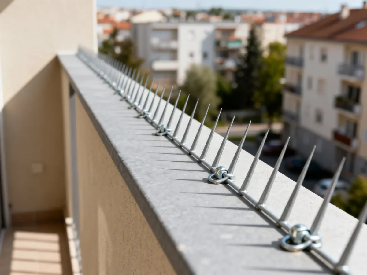 Humanitarne kolce przeciw ptakom zamontowane na balustradzie balkonu