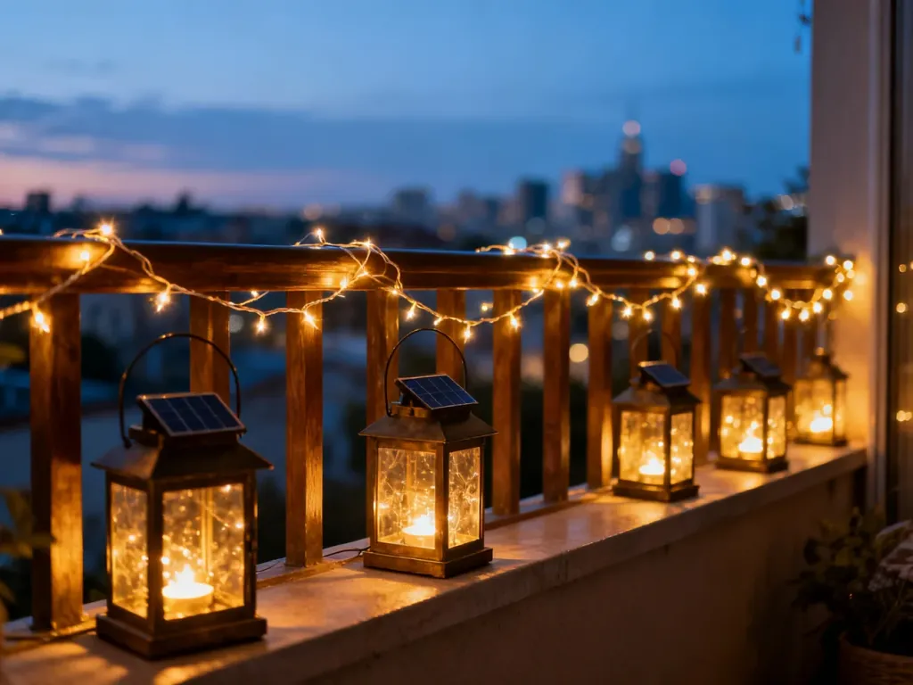 Przytulny balkon o zmierzchu oświetlony solarnymi lampionami i ciepłymi lampkami LED owiniętymi wokół drewnianej balustrady.