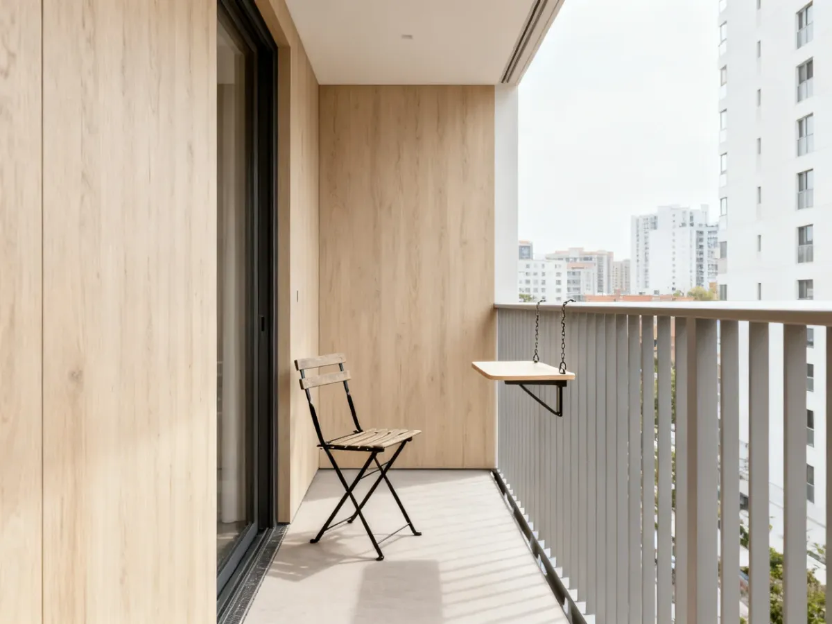 Wąski balkon ze składanym krzesłem i blatem mocowanym do balustrady