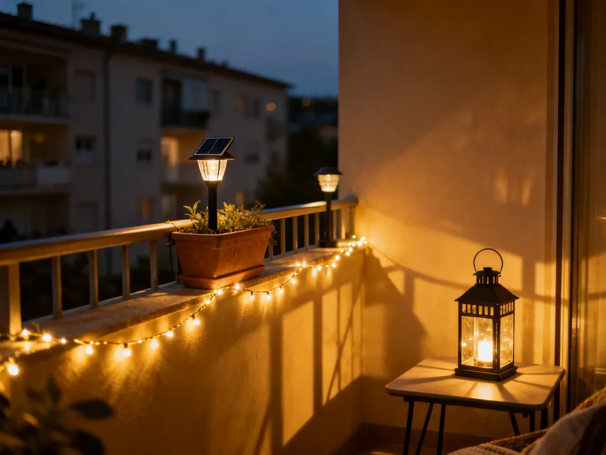 Balkon z lampą solarną, girlandą LED i lampionem