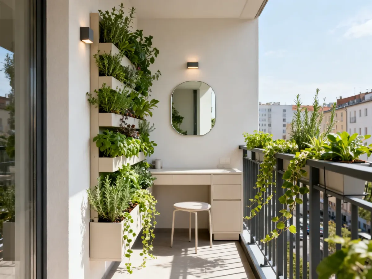 Mały balkon z ogrodem wertykalnym, lustrem i jasnymi meblami