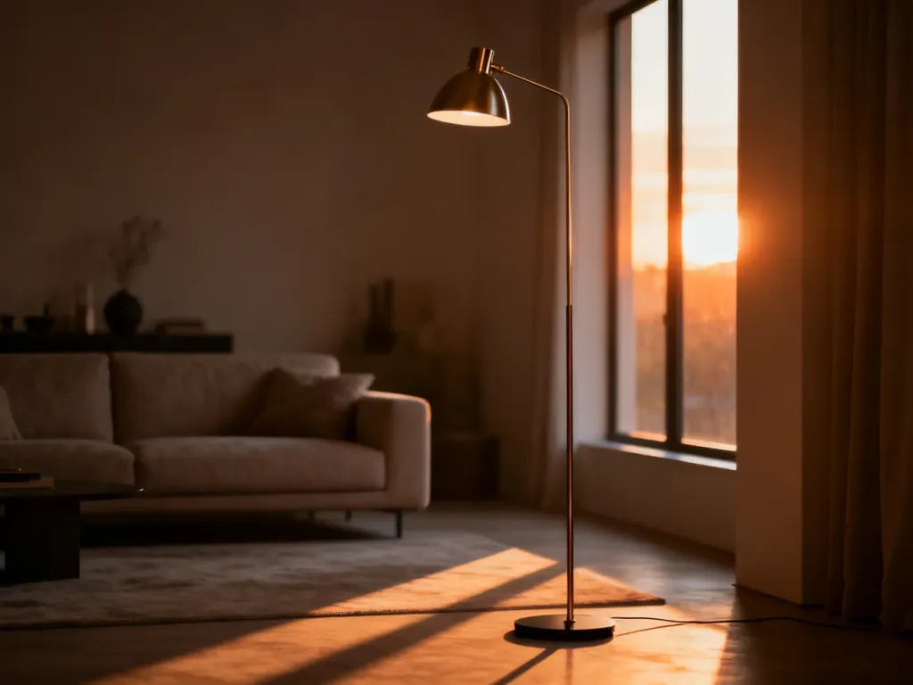 Nowoczesny salon z elegancką lampą podłogową, która tworzy przytulną atmosferę dzięki ciepłemu, miękkiemu oświetleniu.