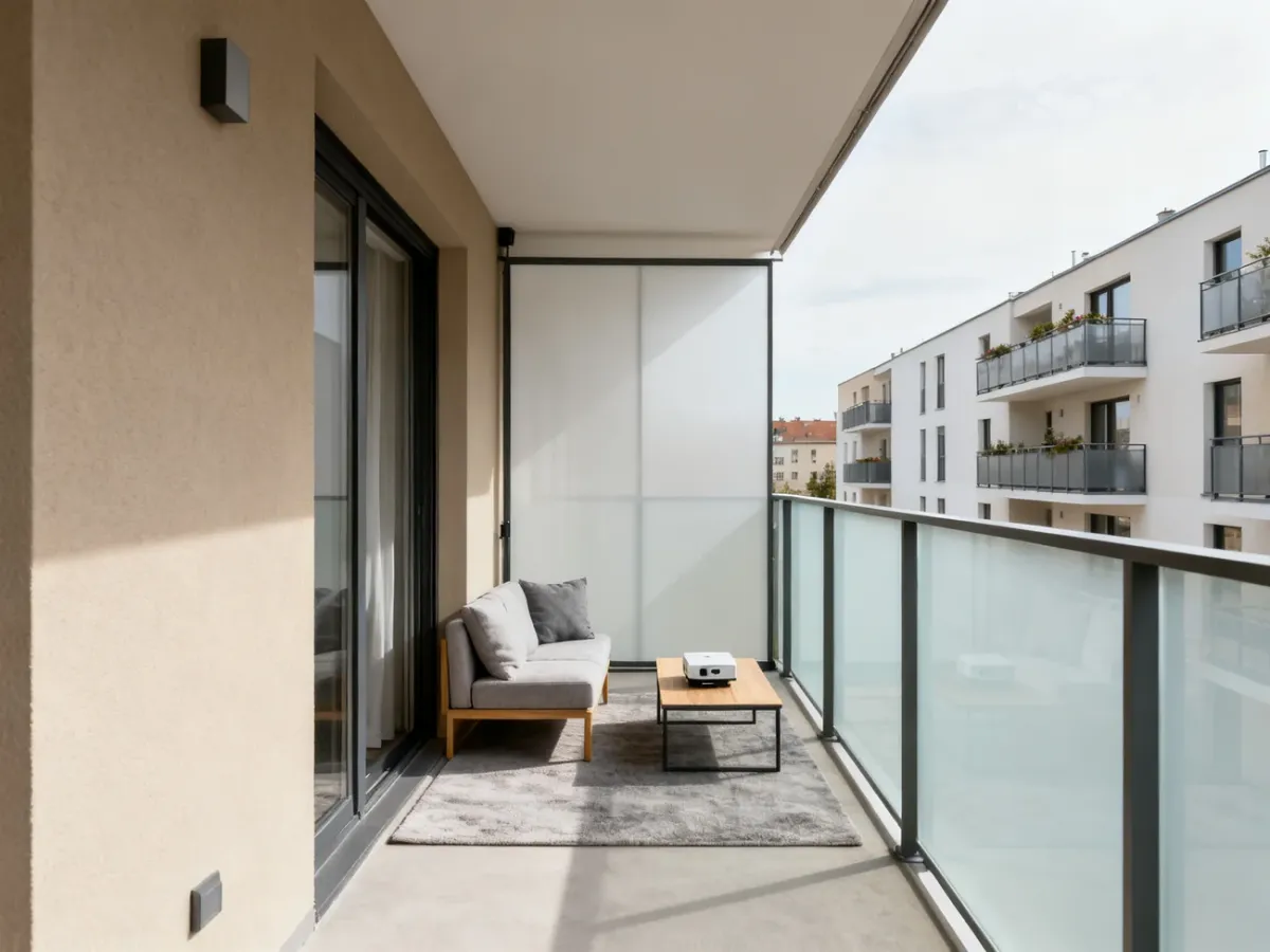 Balkon z przezierną balustradą obok sąsiedniego balkonu
