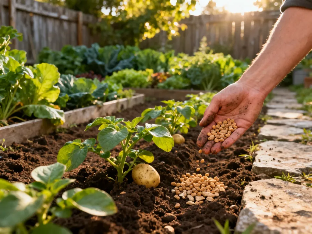 Dłoń rozsypująca naturalny nawóz granulowany wokół zdrowych krzaków ziemniaków w przydomowym ogrodzie.