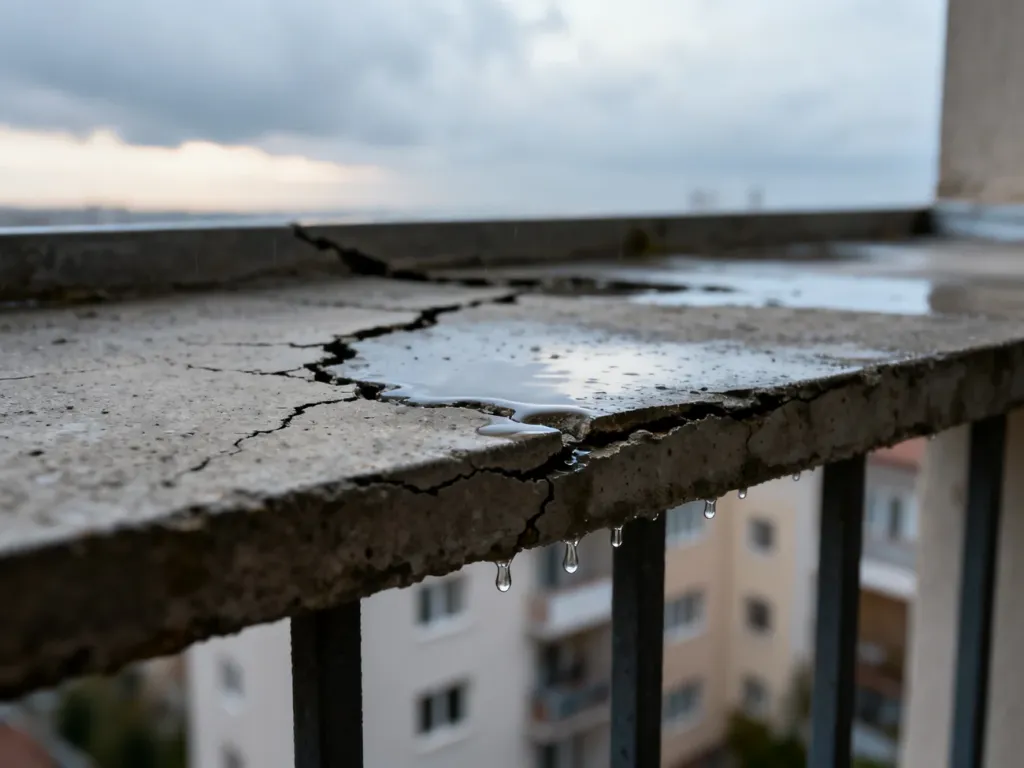 Zbliżenie na popękaną płytę balkonową z widocznymi zaciekami i kapiącą wodą, ilustrujące problem nieszczelnej izolacji.