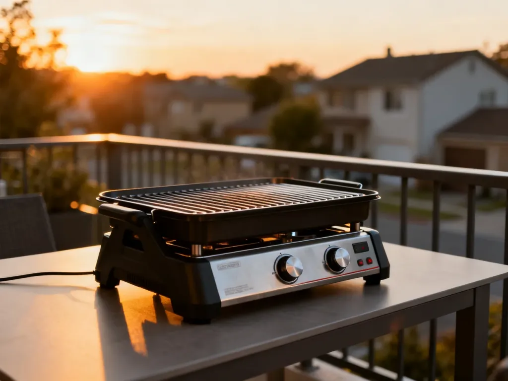 Nowoczesny grill elektryczny na balkonie o zachodzie słońca, tworzący przytulną atmosferę do bezpiecznego grillowania.