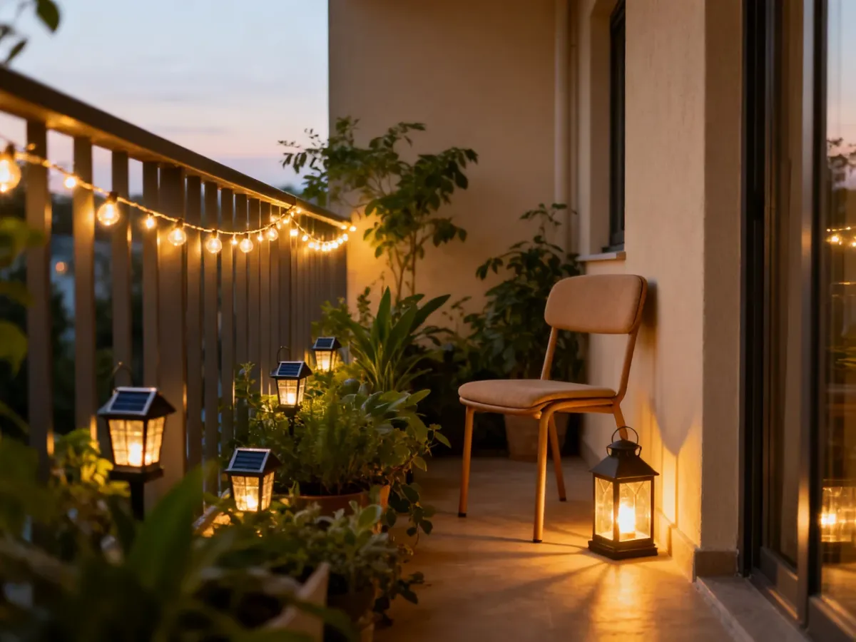 Mały balkon wieczorem oświetlony girlandą i lampionami