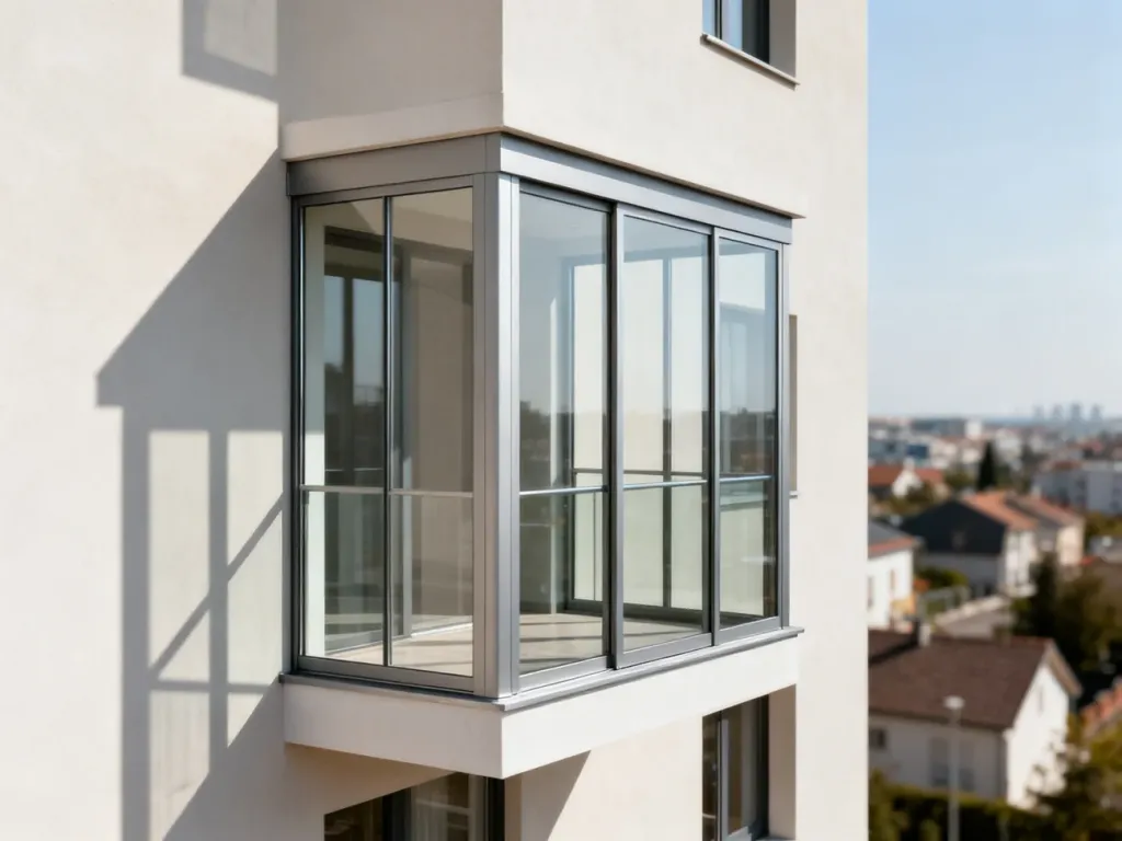 Nowoczesna zabudowa balkonu z przeszklonymi panelami i aluminiową ramą na tle miejskiej architektury.