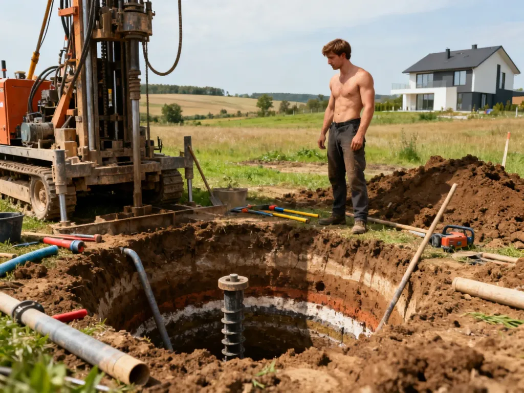 Pracownik przy wiertnicy na placu budowy studni głębinowej obok nowoczesnego domu na wsi.
