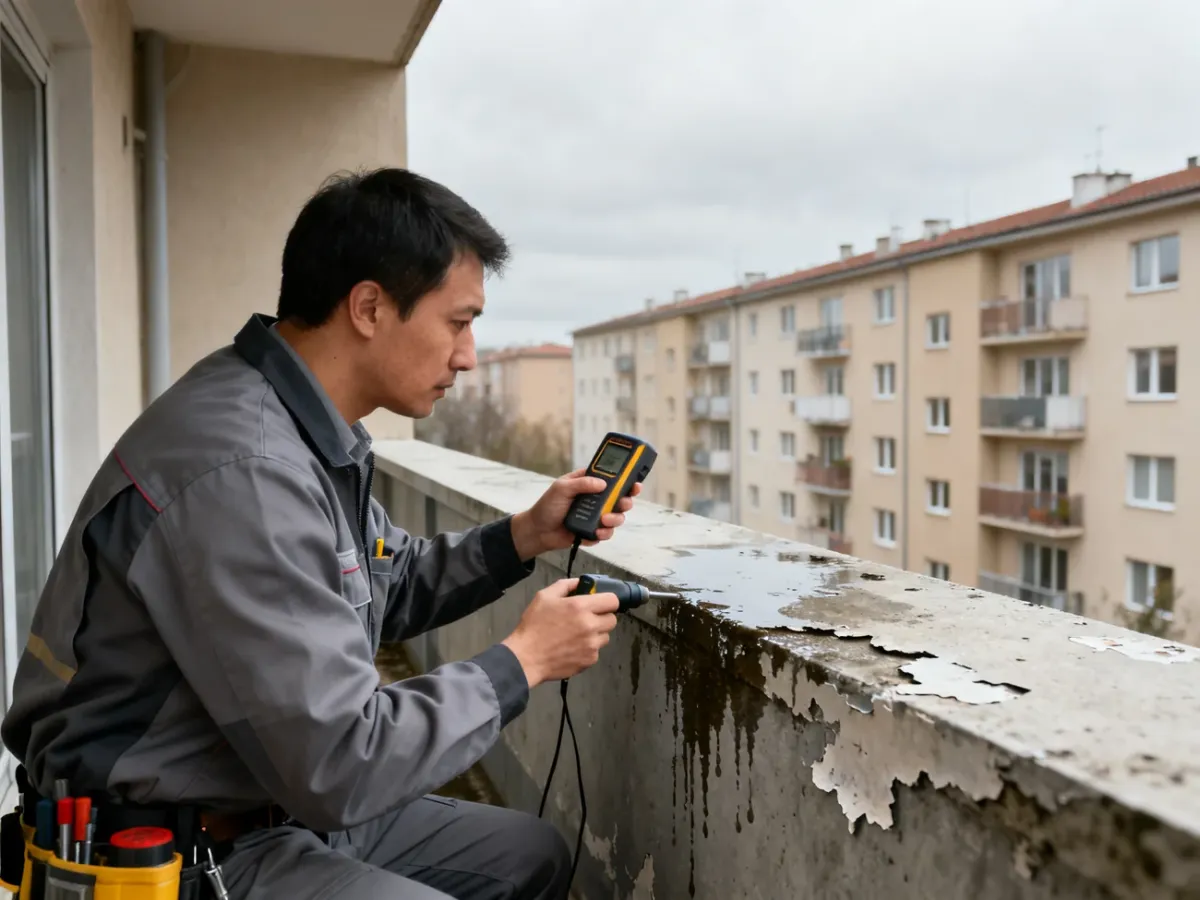 Rzeczoznawca badający zawilgocony balkon i uszkodzenia konstrukcji