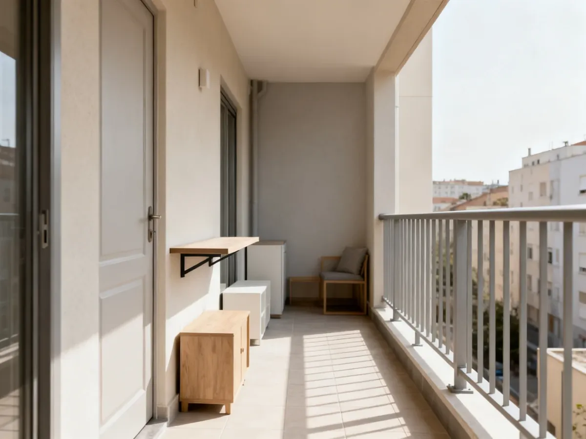 Wąski balkon z kompaktowymi meblami ustawionymi tak, by pozostawić wygodne przejście