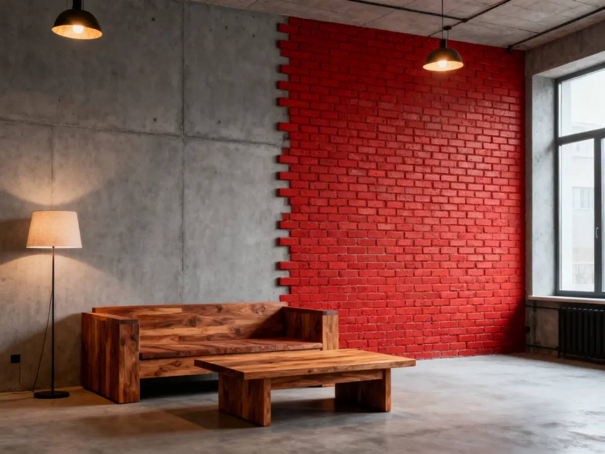Cegła dekoracyjna i beton architektoniczny w industrialnym salonie