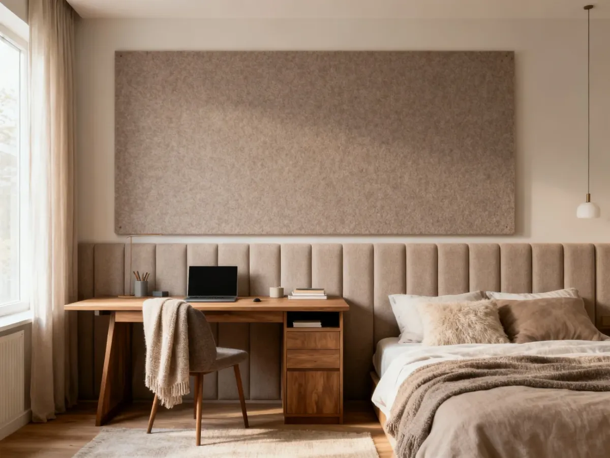 Filcowe panele akustyczne w sypialni z miejscem do pracy