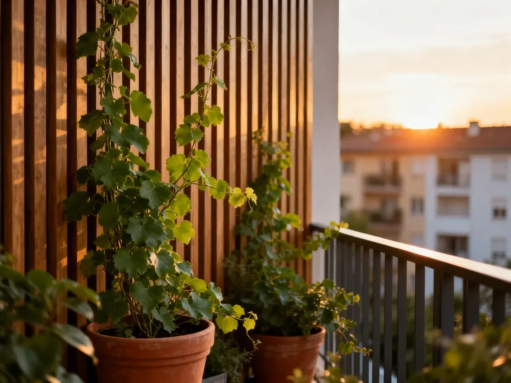 Balkon z drewnianymi panelami i pnączami, zapewniający prywatność w przytulnej, wieczornej atmosferze.