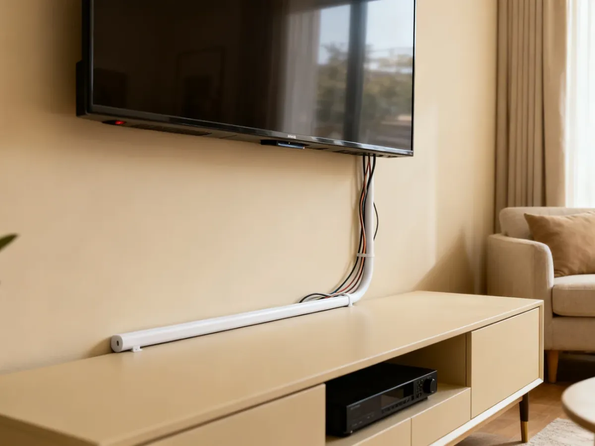 Telewizor z przewodami ukrytymi w białej listwie maskującej