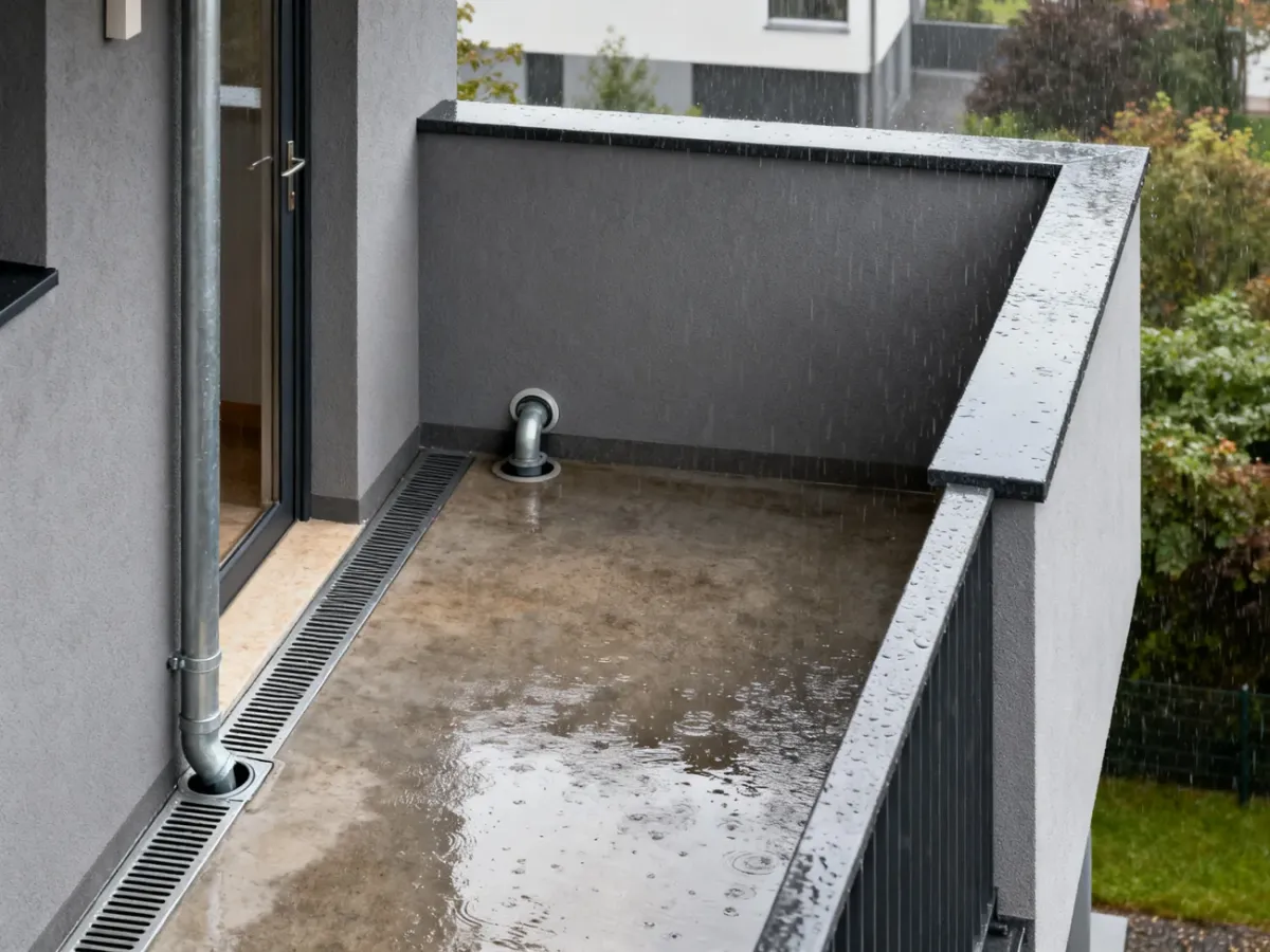 Balkon z pełną balustradą i systemem odwodnienia awaryjnego