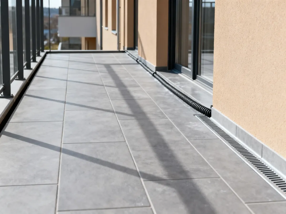 Balkon z mrozoodporną posadzką i szczeliną dylatacyjną przy ścianie