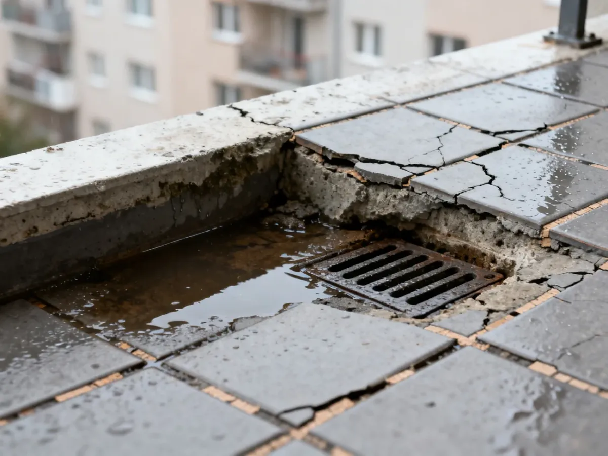 Uszkodzona nawierzchnia balkonu z kałużą i niesprawnym odpływem
