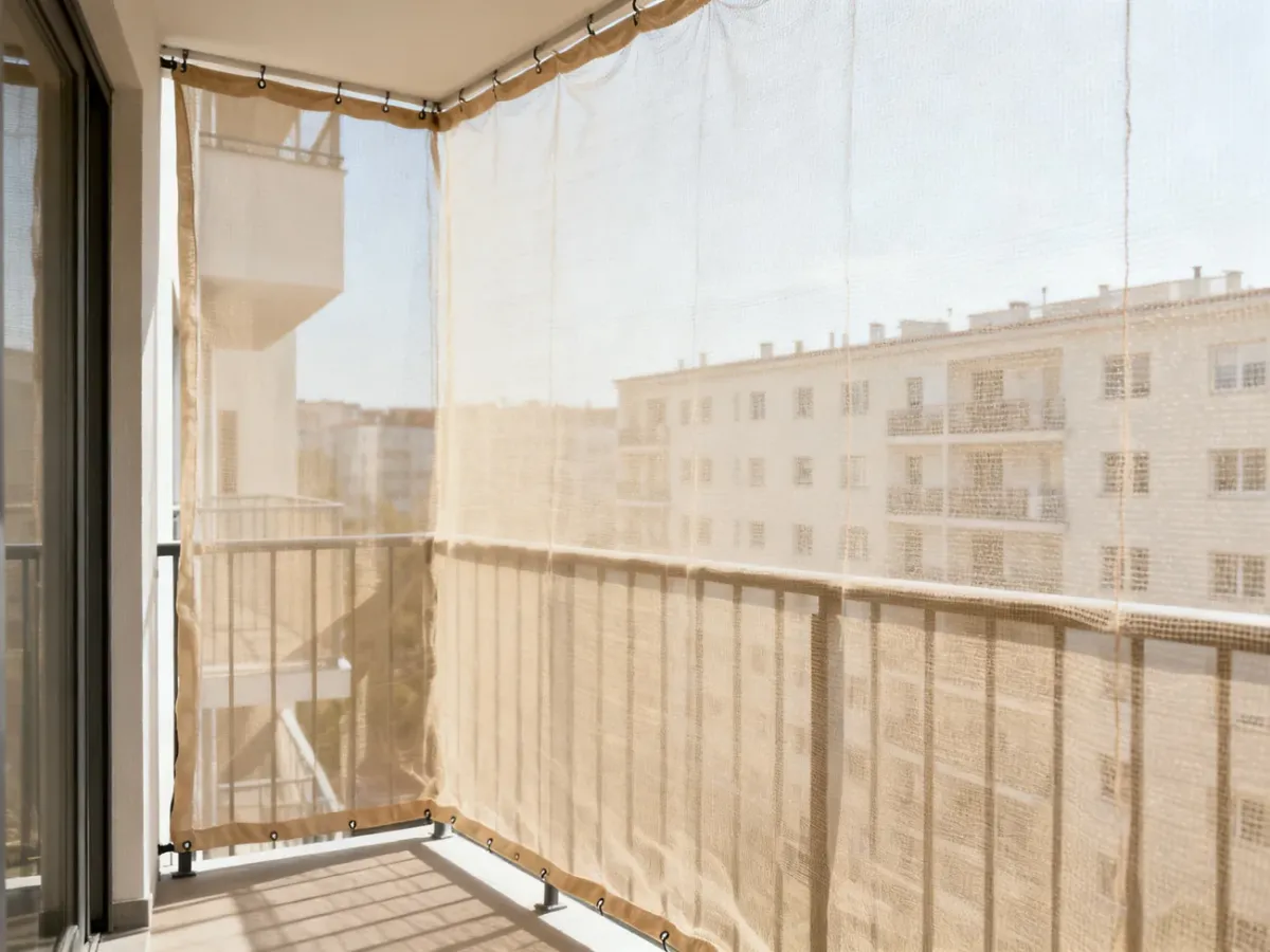 Balkon szczelnie zabezpieczony jasną siatką ochronną przed gołębiami