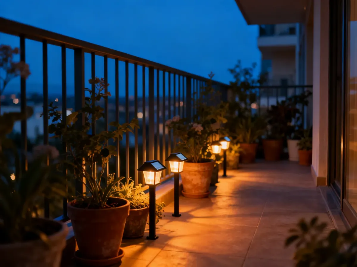 Solarne lampy rozświetlające balkon przy doniczkach i balustradzie