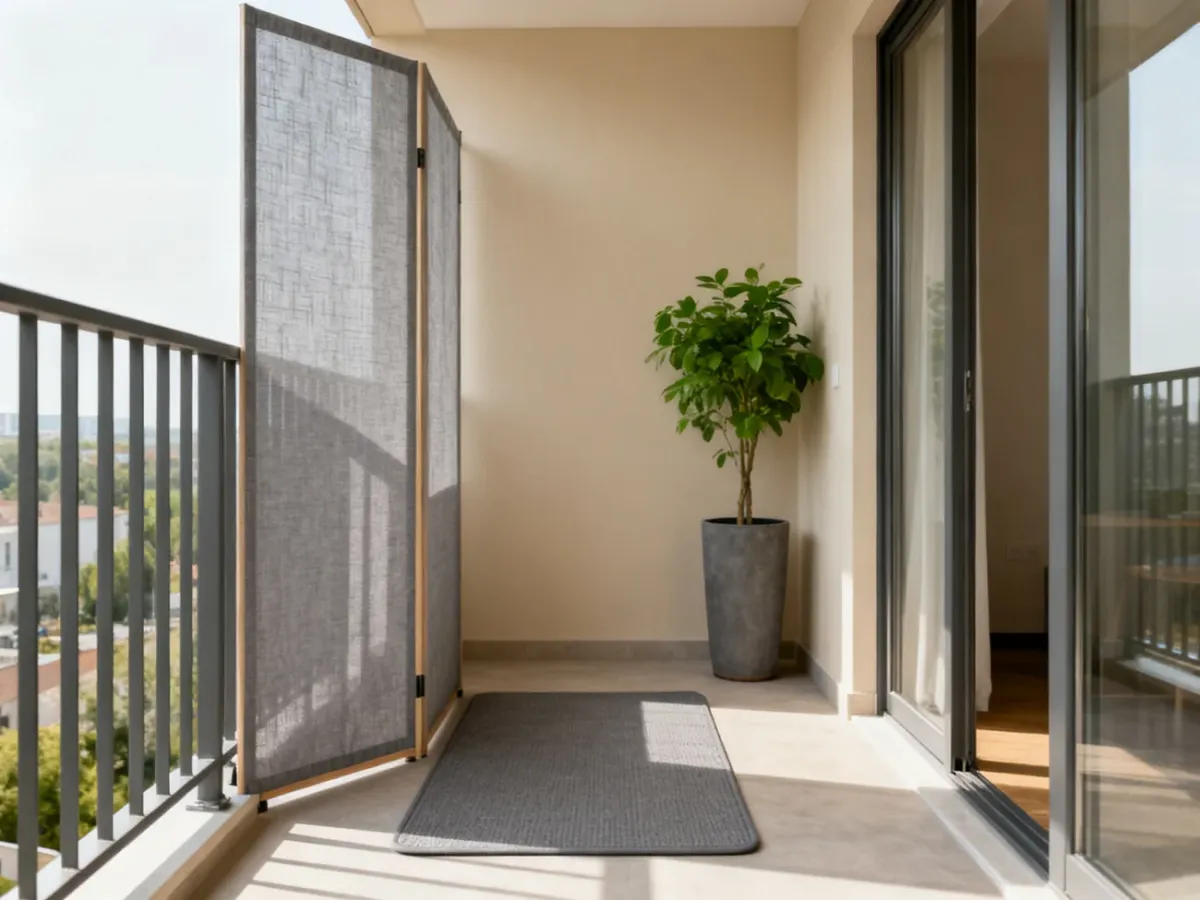 Mały balkon z matą, boczną osłoną i wysoką donicą