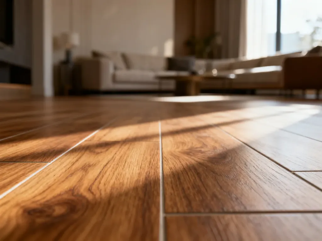 Płytki ceramiczne imitujące naturalne drewno dębowe w nowoczesnym salonie z miękkim światłem dziennym.