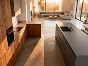 Porównanie faktury drewnianego panelu podłogowego oraz gładkiej płytki ceramicznej w naturalnym świetle.