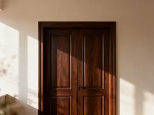Solidna drewniana murłata przymocowana metalowymi kotwami do betonowej ściany, z cieślą pracującym w tle.