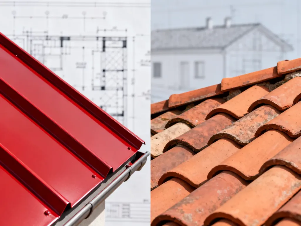 Porównanie faktur błyszczącej blachodachówki oraz matowej dachówki ceramicznej na tle projektu architektonicznego.