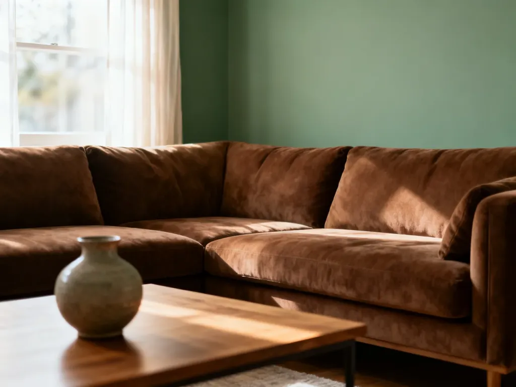 Przytulny salon z brązową sofą na tle ścian w kolorze szałwiowej zieleni, tworzących harmonijne i eleganckie wnętrze.