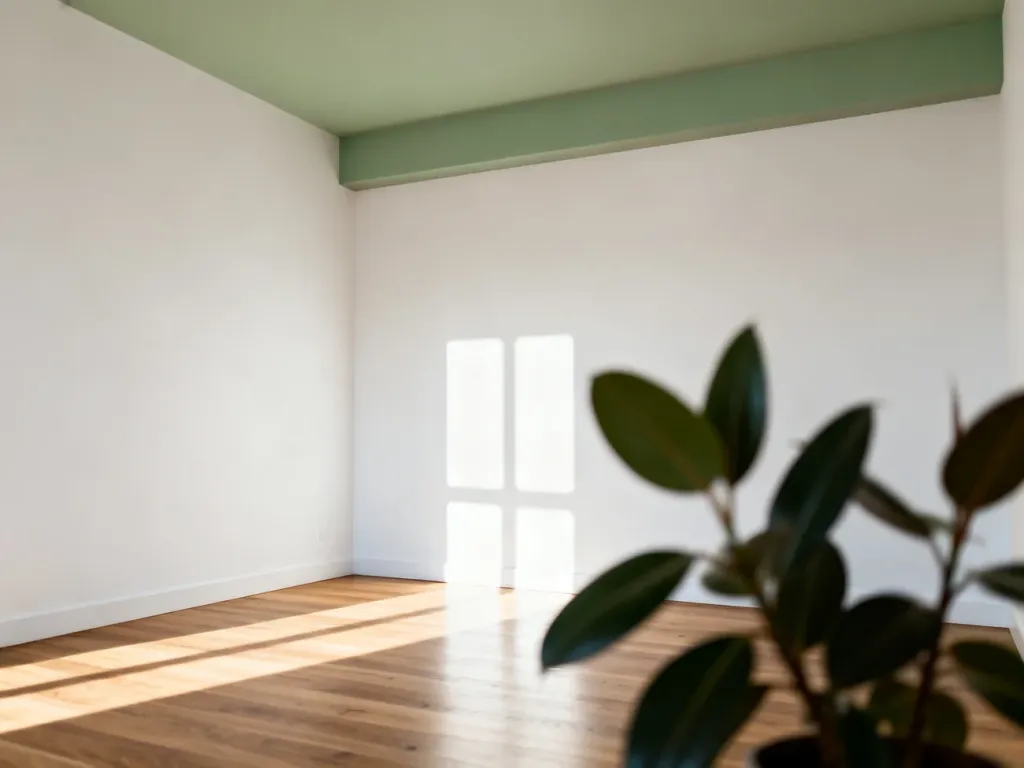 Nowoczesny salon z białymi ścianami i sufitem w kolorze szałwiowej zieleni, podkreślający minimalistyczny wystrój wnętrza.
