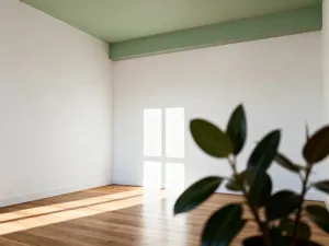 Eleganckie szare zasłony sięgające od ściany do ściany, zawieszone na minimalistycznym karniszu w nowoczesnym salonie.
