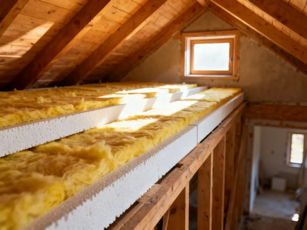 Porównanie warstw wełny mineralnej i styropianu zainstalowanych między krokwiami drewnianego dachu na poddaszu.