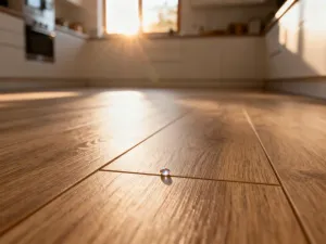 Nowoczesna drewniana komoda w sypialni z wazonem, świecą i książką, tworząca przytulną i minimalistyczną aranżację.