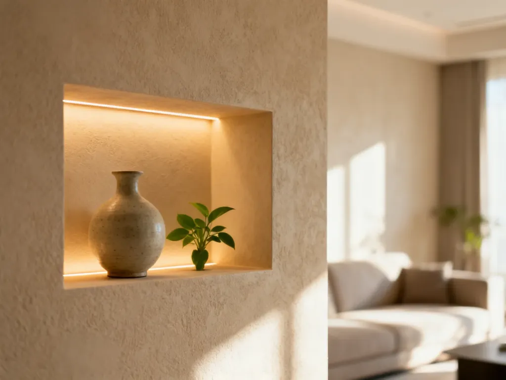 Elegancka wnęka w ścianie z subtelnym podświetleniem LED, ozdobiona wazonem i rośliną w minimalistycznym salonie.
