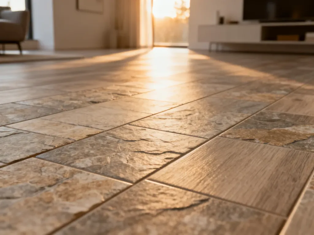 Nowoczesne panele laminowane z wzorem kamiennych płytek w słonecznym, minimalistycznym salonie.