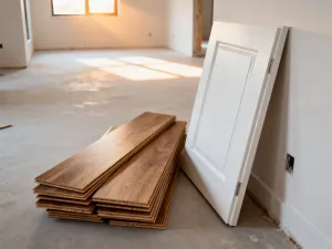 Nowoczesna zabudowa z drewna pod schodami z uporządkowanymi półkami, idealnie wkomponowana w minimalistyczne wnętrze domu.
