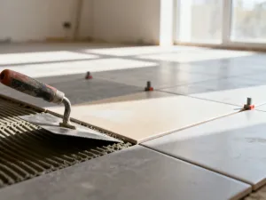 Pracownik budowlany nakłada szarą masę hydroizolacyjną na powierzchnię betonowego balkonu przy użyciu kielni.