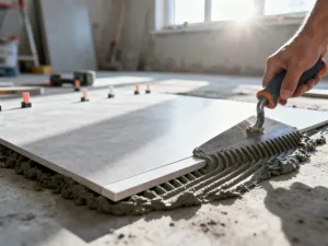 Profesjonalista nakłada klej na betonowe schody przed precyzyjnym ułożeniem płytki ceramicznej.