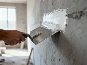Element karoserii pokryty szarą warstwą podkładu epoksydowego Boll na stole warsztatowym obok pistoletu lakierniczego.