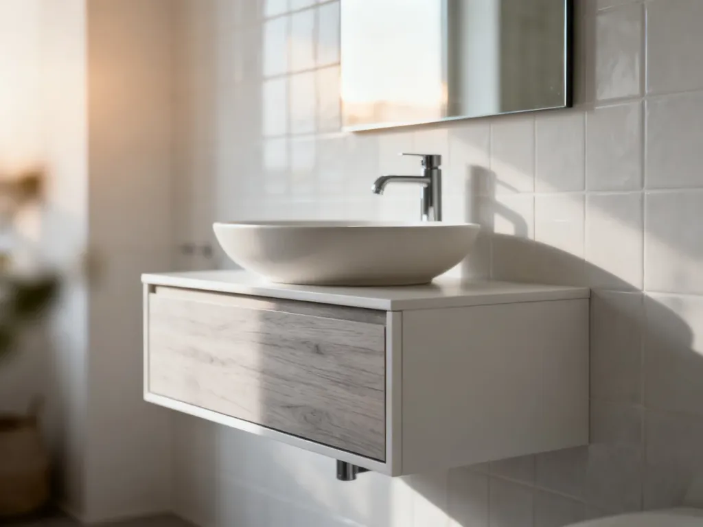 Nowoczesna szafka podumywalkowa wisząca w minimalistycznej łazience z ceramiczną umywalką i ciepłym oświetleniem.
