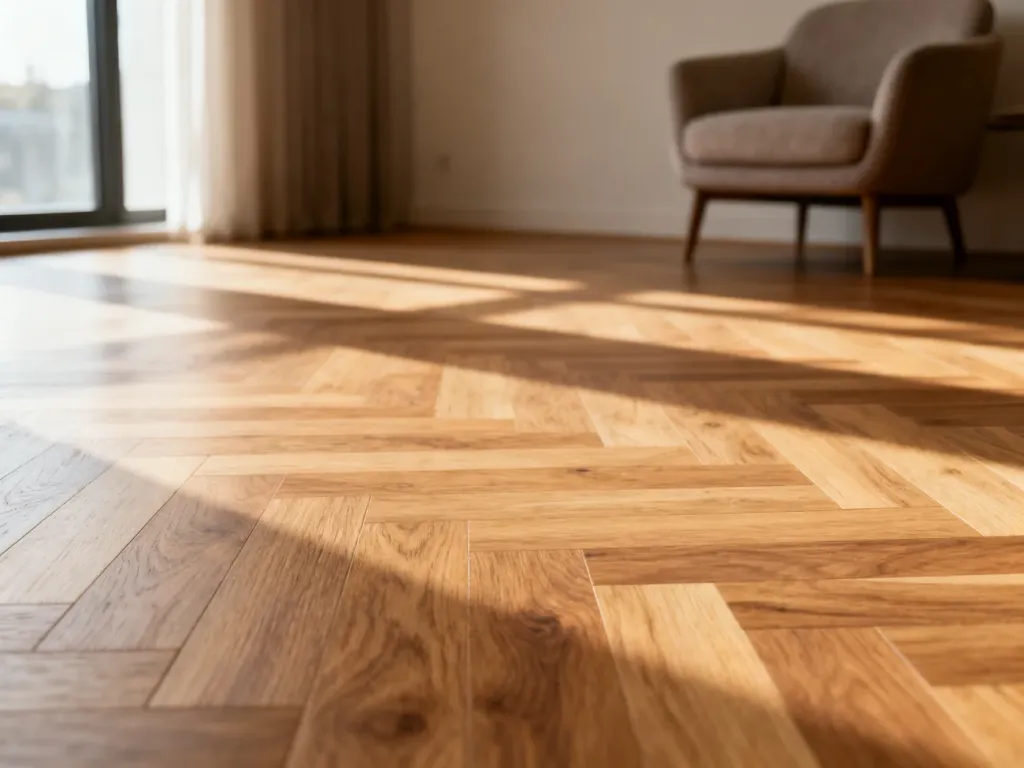 Zbliżenie na panele laminowane o strukturze dębowego parkietu, oświetlone ciepłym światłem poranka w minimalistycznym salonie.